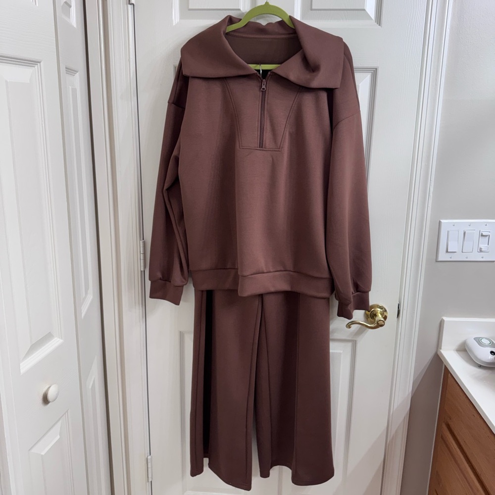 Brown Two-Piece Oversized Sweatsuit Tracksuit Loungewear Size  2XL